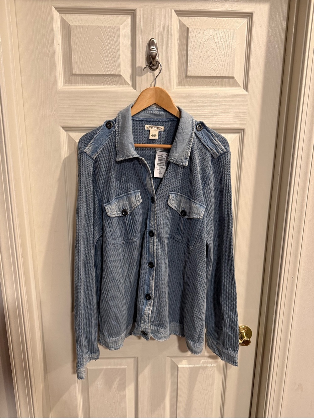 Festi by torrid Washed Light Blue Button-Front with Epaulets